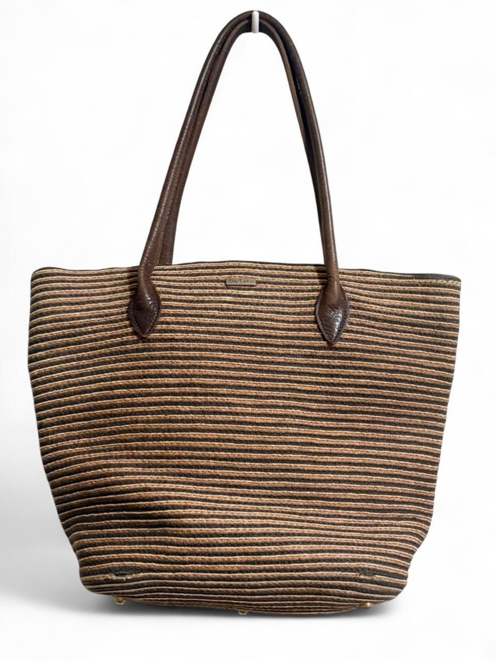 Eric Javits Brown Striped Tote Bag with Leather Handles
